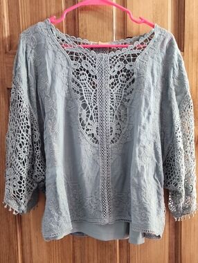 Democracy Sage Green Crochet Lace Top